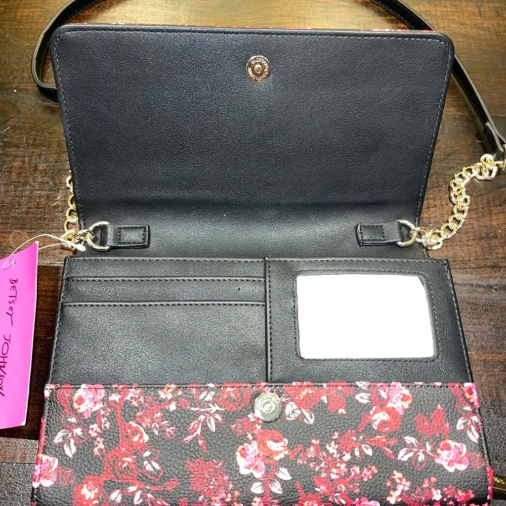 NWT Betsey Johnson XODANI Black Bow Pink‎ Roses Floral Crossbody Wallet Bag